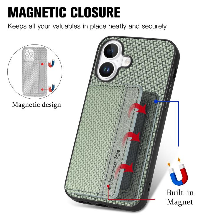 For iPhone 17 Carbon Fiber Magnetic Card Wallet RFID Blocking Phone Case