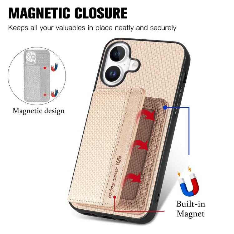 For iPhone 17 Carbon Fiber Magnetic Card Wallet RFID Blocking Phone Case