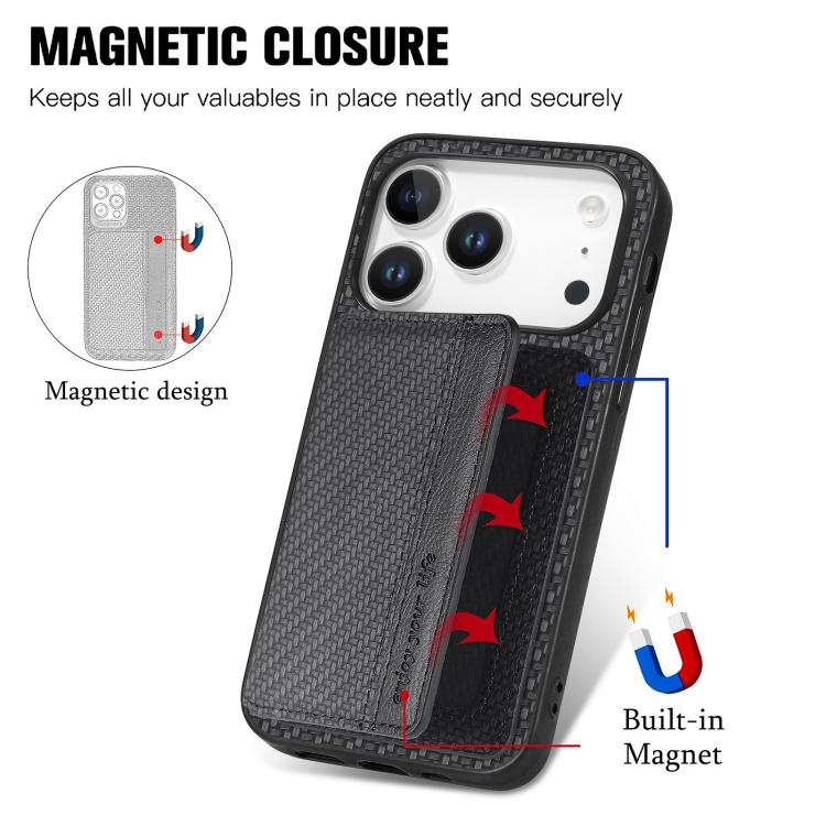 For iPhone 17 Pro Carbon Fiber Magnetic Card Wallet RFID Blocking Phone Case