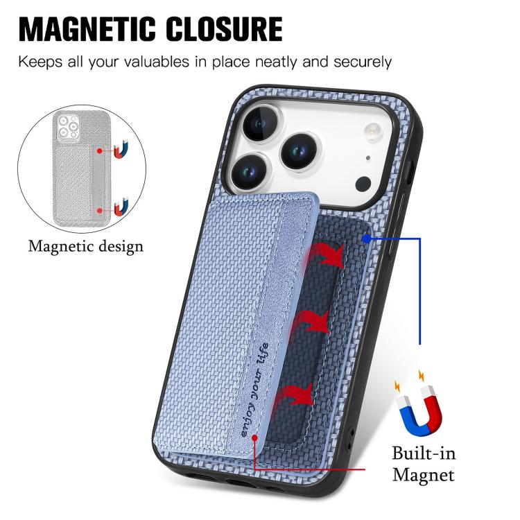 For iPhone 17 Pro Carbon Fiber Magnetic Card Wallet RFID Blocking Phone Case