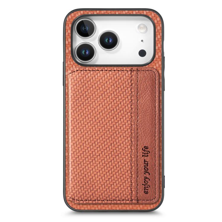 For iPhone 17 Pro Carbon Fiber Magnetic Card Wallet RFID Blocking Phone Case