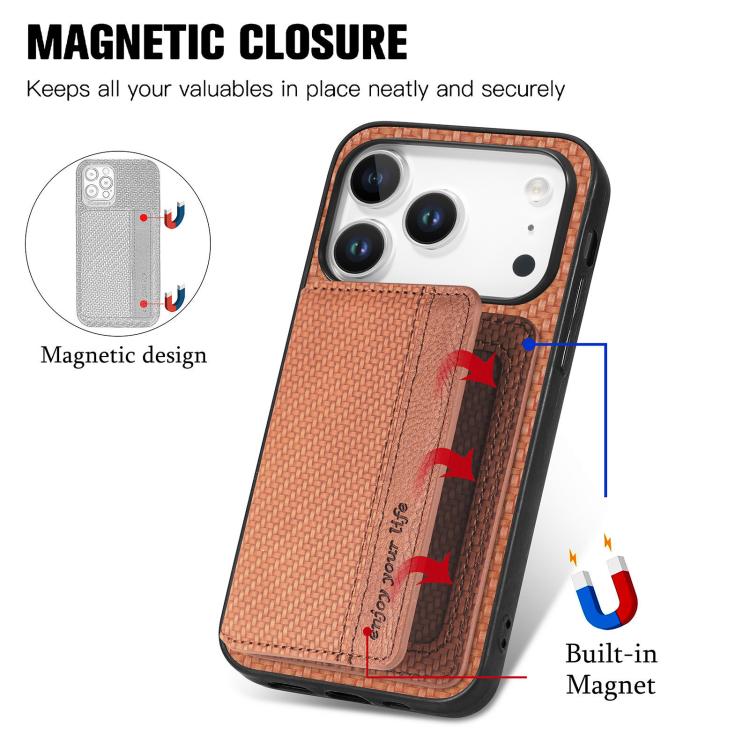 For iPhone 17 Pro Carbon Fiber Magnetic Card Wallet RFID Blocking Phone Case