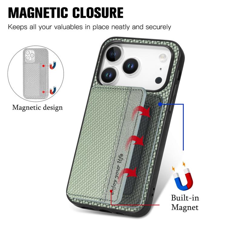 For iPhone 17 Pro Carbon Fiber Magnetic Card Wallet RFID Blocking Phone Case