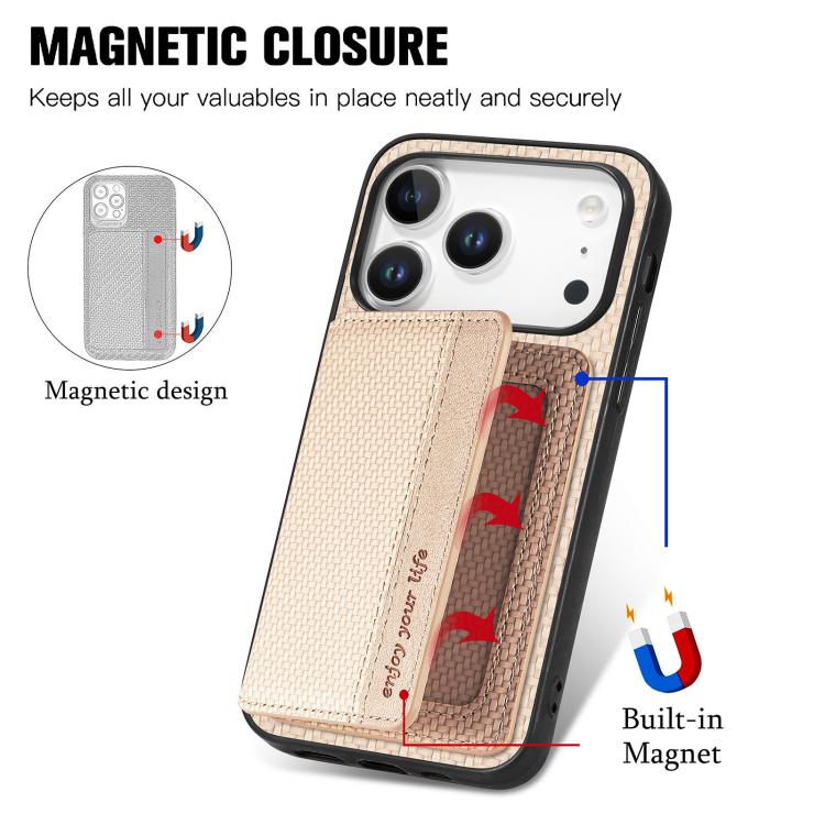For iPhone 17 Pro Carbon Fiber Magnetic Card Wallet RFID Blocking Phone Case