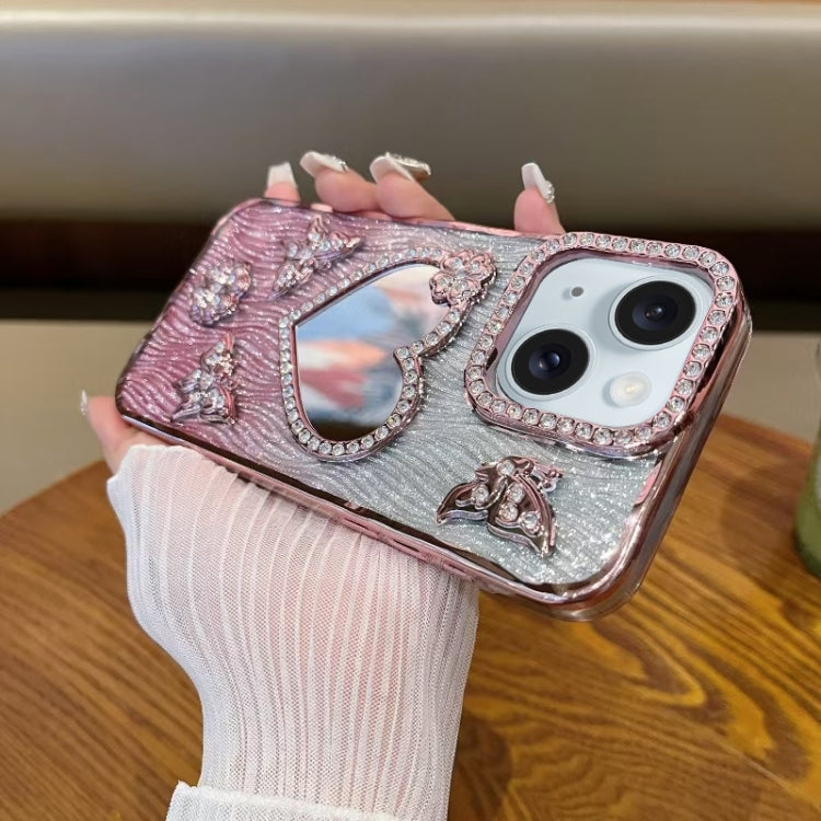 For iPhone 15 Heart-shaped Mirror Diamond Glitter Phone Case