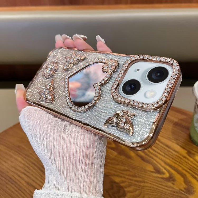 For iPhone 15 Heart-shaped Mirror Diamond Glitter Phone Case