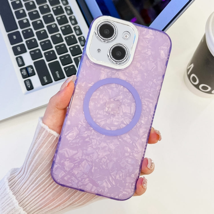 For iPhone 14 Plating Texture MagSafe TPU Phone Case with Glitter Lens Film