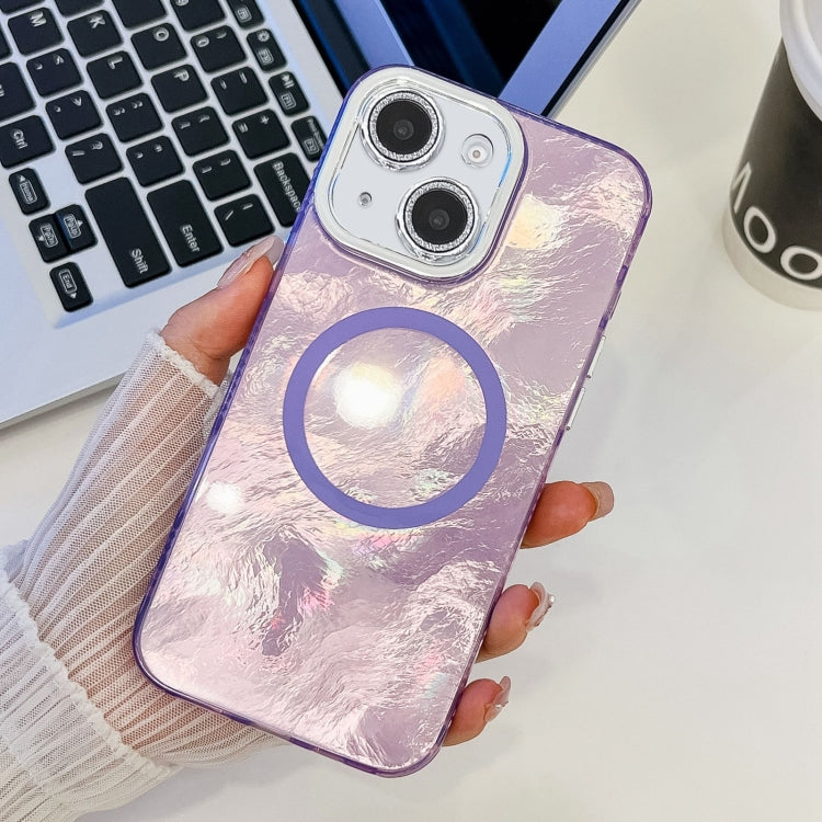 For iPhone 14 Plating Texture MagSafe TPU Phone Case with Glitter Lens Film