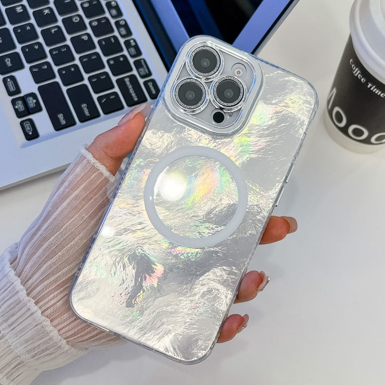 For iPhone 14 Pro Max Plating Texture MagSafe TPU Phone Case with Glitter Lens Film