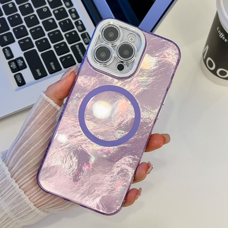 For iPhone 14 Pro Max Plating Texture MagSafe TPU Phone Case with Glitter Lens Film