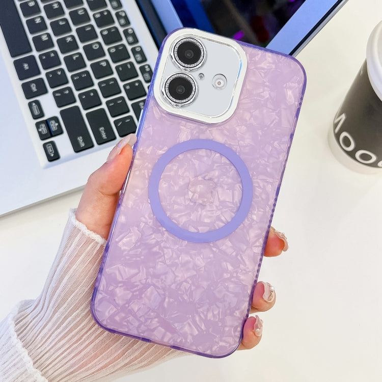 For iPhone 16 Plus Plating Texture MagSafe TPU Phone Case with Glitter Lens Film