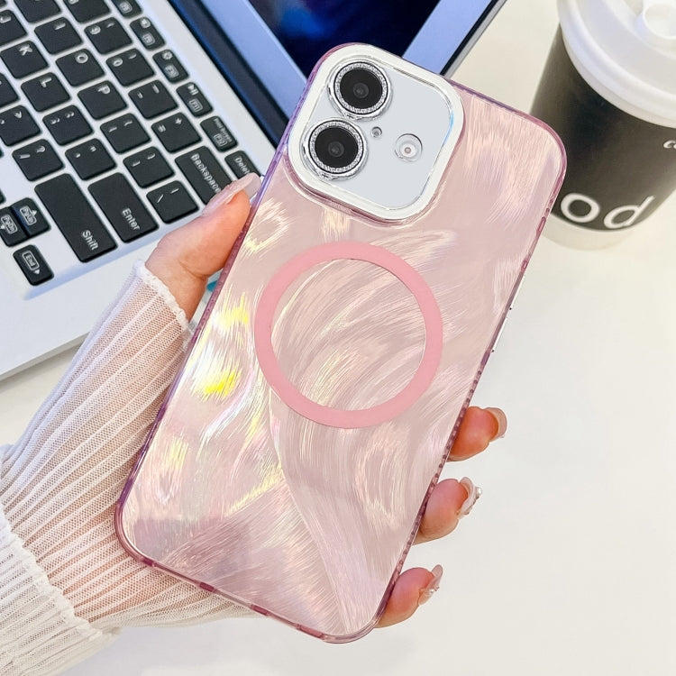 For iPhone 16 Plating Texture MagSafe TPU Phone Case with Glitter Lens Film