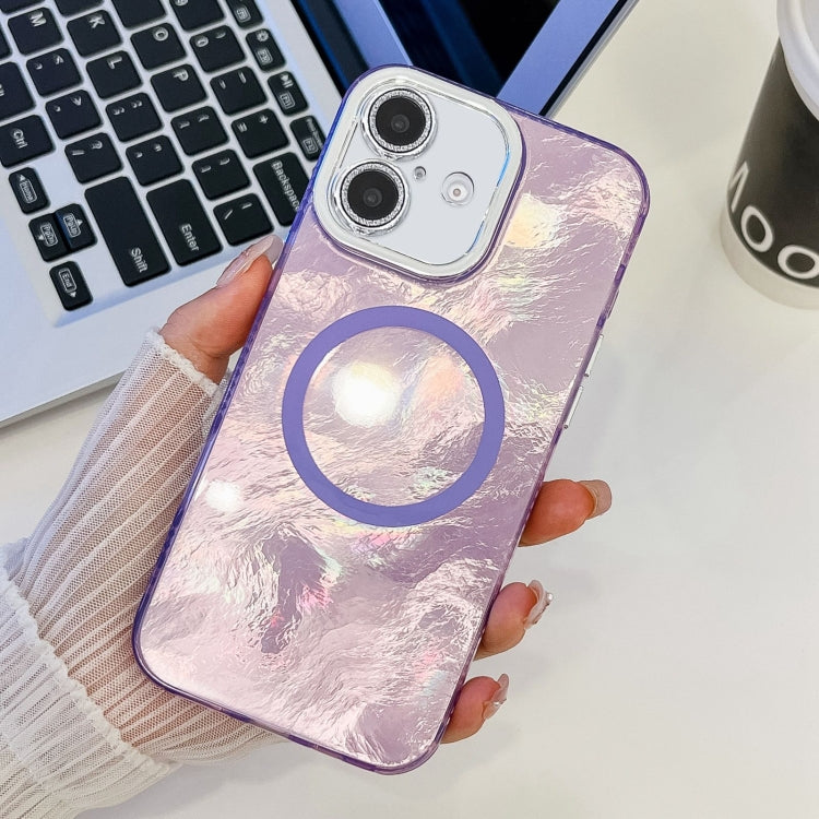 For iPhone 16 Plating Texture MagSafe TPU Phone Case with Glitter Lens Film
