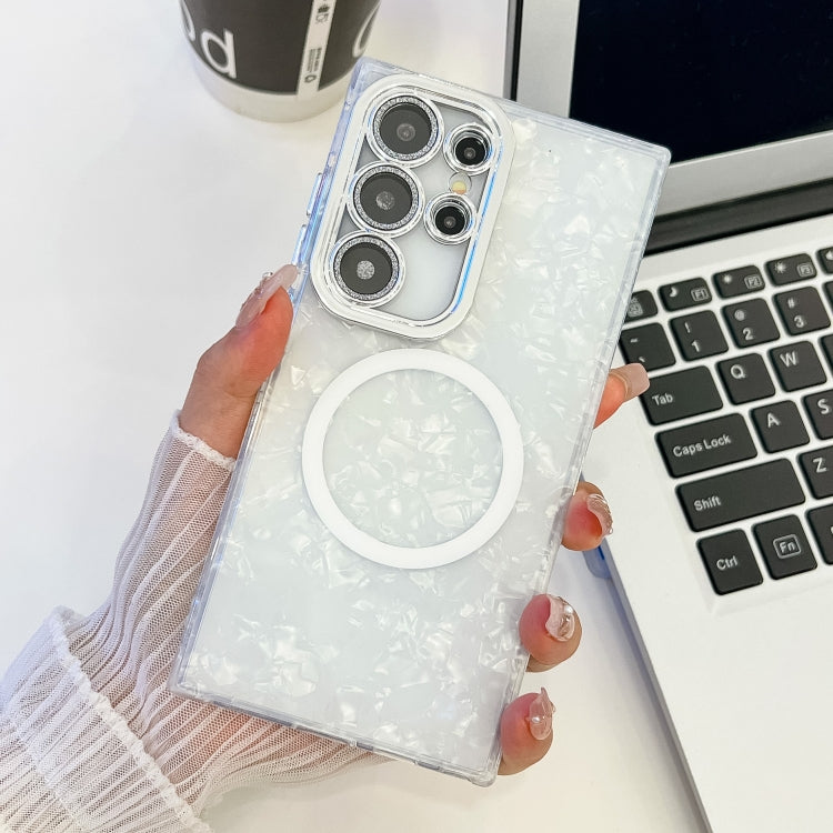 For Samsung Galaxy S23 Ultra 5G Plating Texture MagSafe TPU Phone Case with Glitter Lens Film
