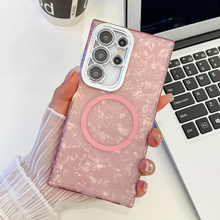 For Samsung Galaxy S23 Ultra 5G Plating Texture MagSafe TPU Phone Case with Glitter Lens Film