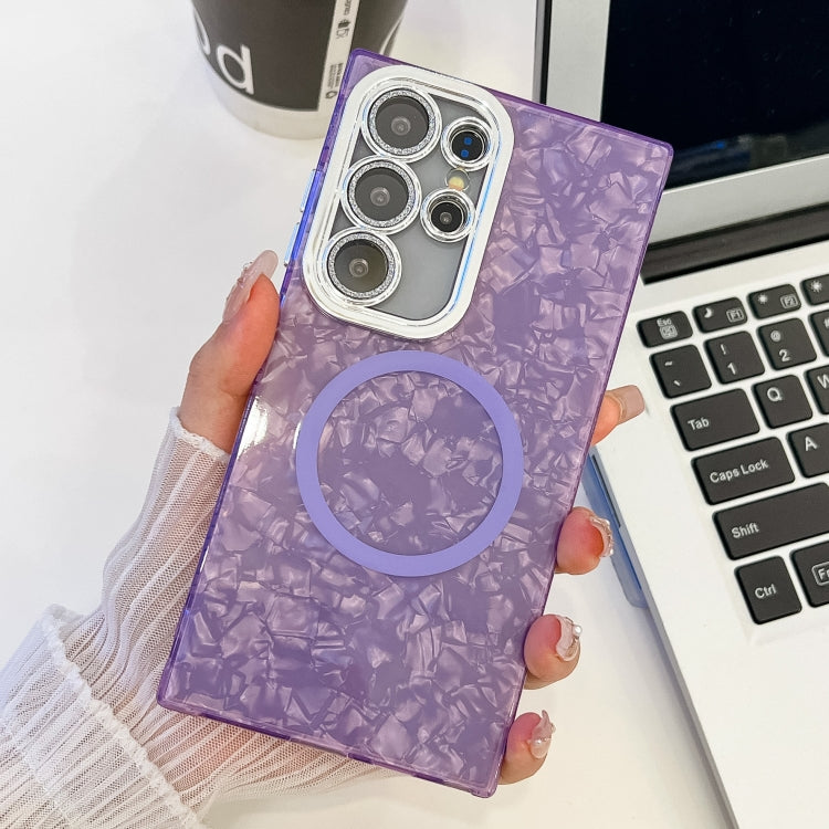 For Samsung Galaxy S23 Ultra 5G Plating Texture MagSafe TPU Phone Case with Glitter Lens Film