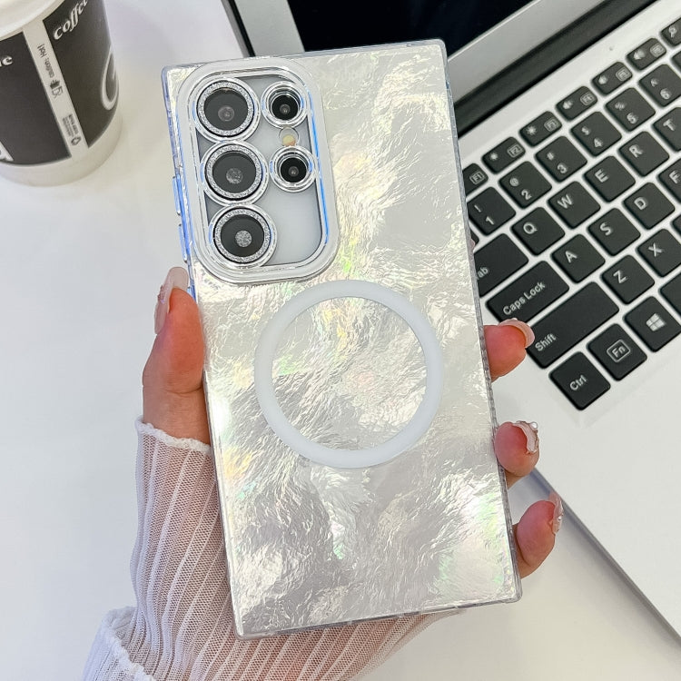 For Samsung Galaxy S23 Ultra 5G Plating Texture MagSafe TPU Phone Case with Glitter Lens Film