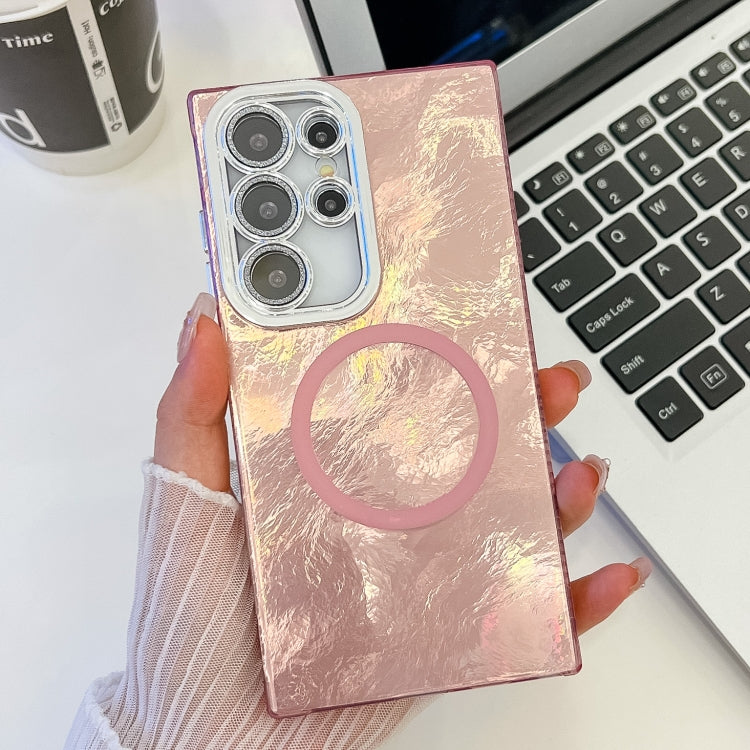 For Samsung Galaxy S24 Ultra 5G Plating Texture MagSafe TPU Phone Case with Glitter Lens Film