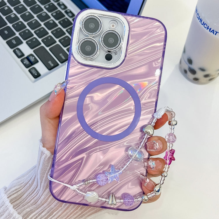 For iPhone 16 Pro Max Plating Texture Wristband MagSafe TPU Phone Case with Glitter Lens Film
