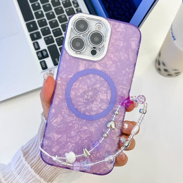 For iPhone 16 Pro Max Plating Texture Wristband MagSafe TPU Phone Case with Glitter Lens Film