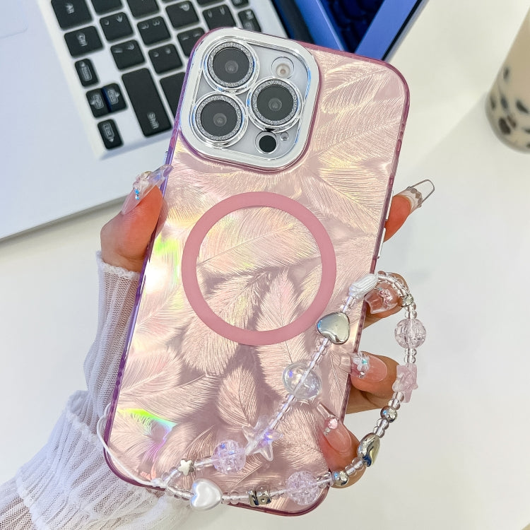 For iPhone 16 Pro Max Plating Texture Wristband MagSafe TPU Phone Case with Glitter Lens Film