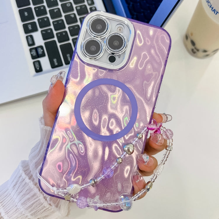 For iPhone 16 Pro Max Plating Texture Wristband MagSafe TPU Phone Case with Glitter Lens Film