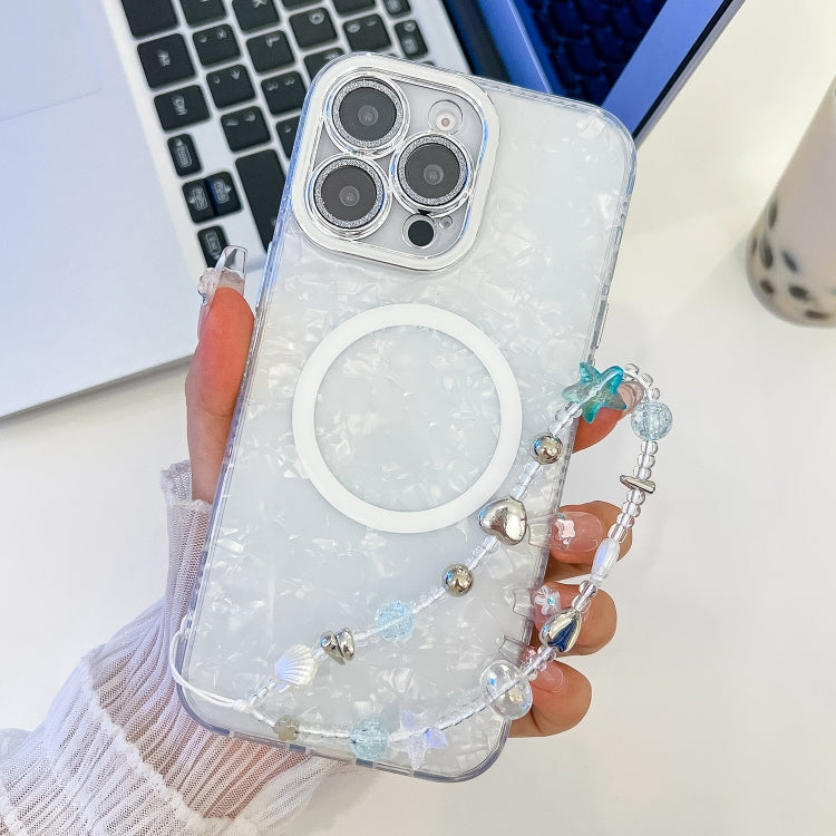 For iPhone 16 Pro Plating Texture Wristband MagSafe TPU Phone Case with Glitter Lens Film