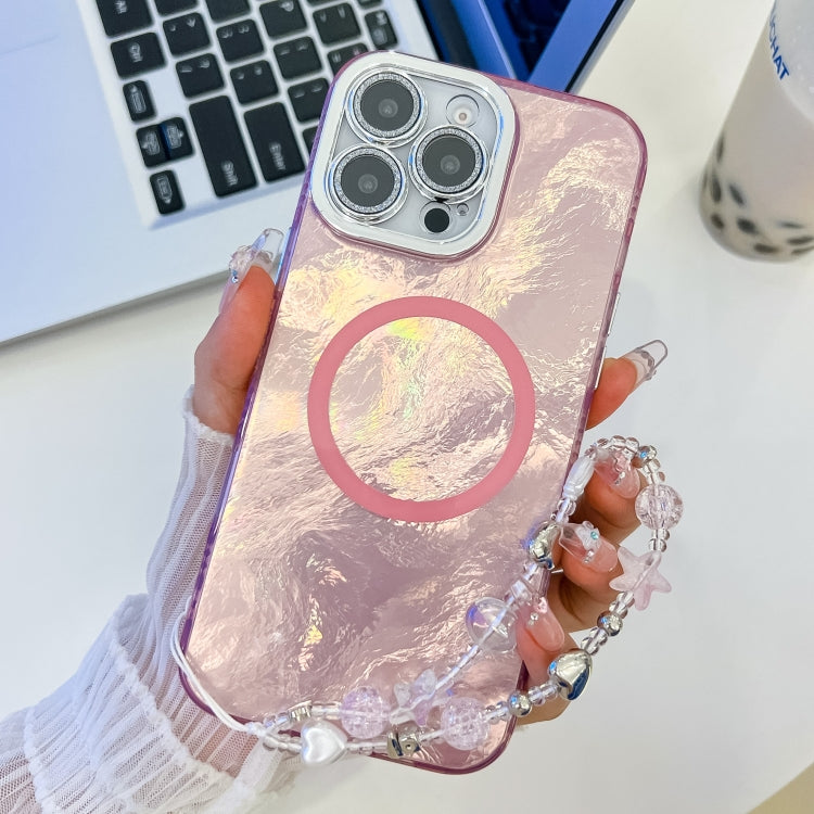 For iPhone 16 Pro Plating Texture Wristband MagSafe TPU Phone Case with Glitter Lens Film