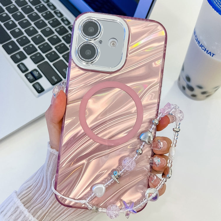For iPhone 16 Plus Plating Texture Wristband MagSafe TPU Phone Case with Glitter Lens Film