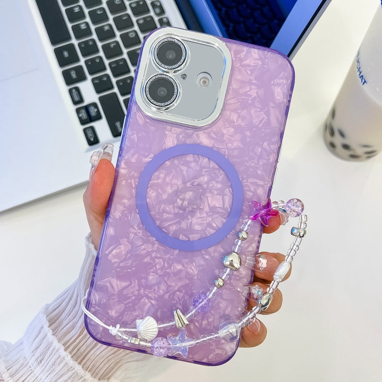 For iPhone 16 Plus Plating Texture Wristband MagSafe TPU Phone Case with Glitter Lens Film
