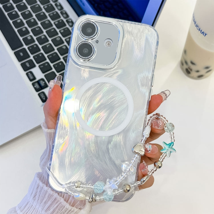 For iPhone 16 Plus Plating Texture Wristband MagSafe TPU Phone Case with Glitter Lens Film