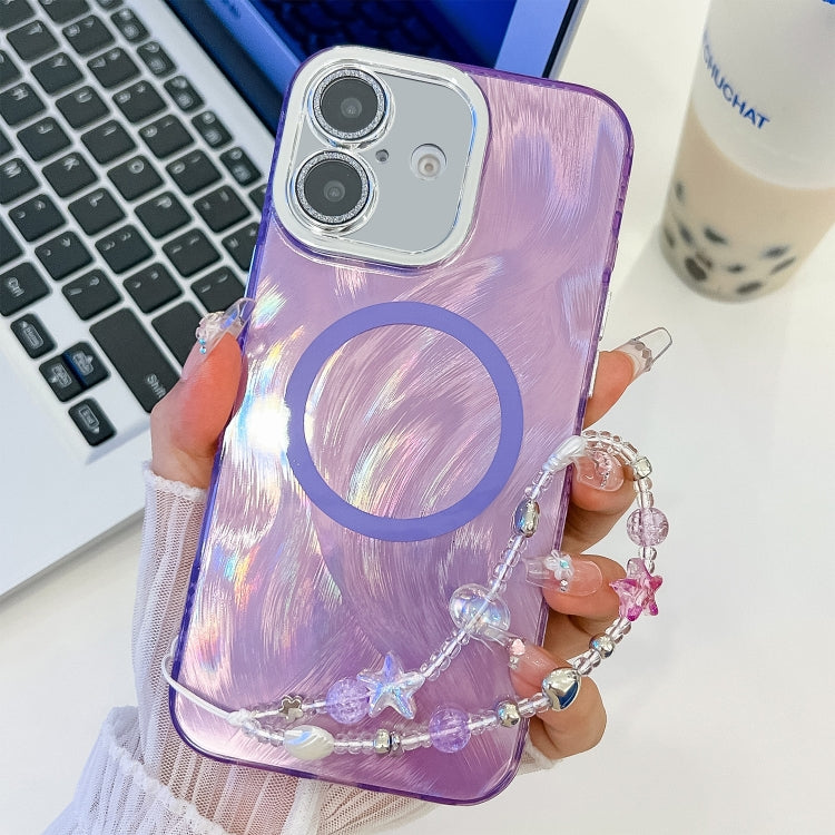 For iPhone 16 Plus Plating Texture Wristband MagSafe TPU Phone Case with Glitter Lens Film
