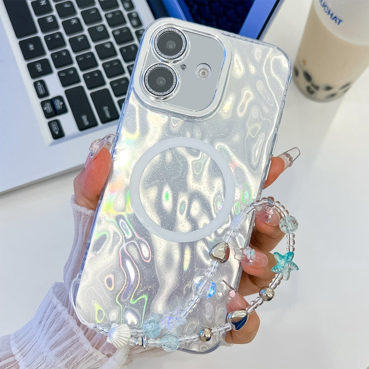 For iPhone 16 Plus Plating Texture Wristband MagSafe TPU Phone Case with Glitter Lens Film