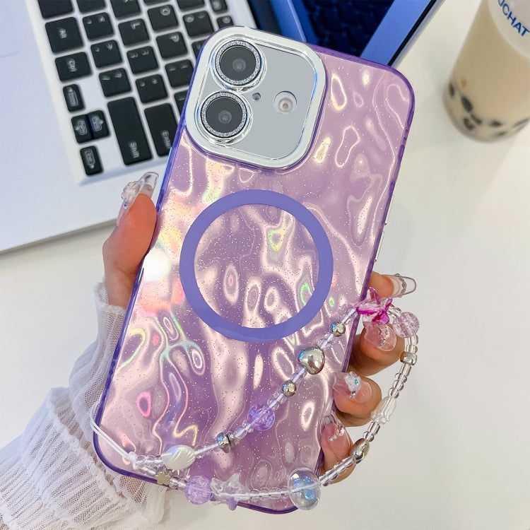 For iPhone 16 Plus Plating Texture Wristband MagSafe TPU Phone Case with Glitter Lens Film