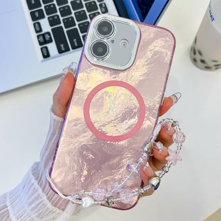 For iPhone 16 Plus Plating Texture Wristband MagSafe TPU Phone Case with Glitter Lens Film