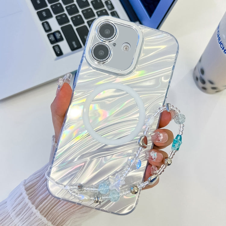 For iPhone 16 Plating Texture Wristband MagSafe TPU Phone Case with Glitter Lens Film
