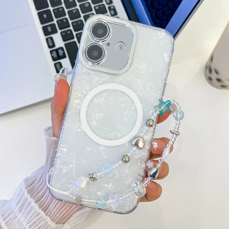 For iPhone 16 Plating Texture Wristband MagSafe TPU Phone Case with Glitter Lens Film