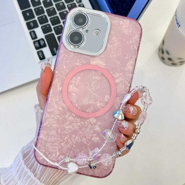 For iPhone 16 Plating Texture Wristband MagSafe TPU Phone Case with Glitter Lens Film