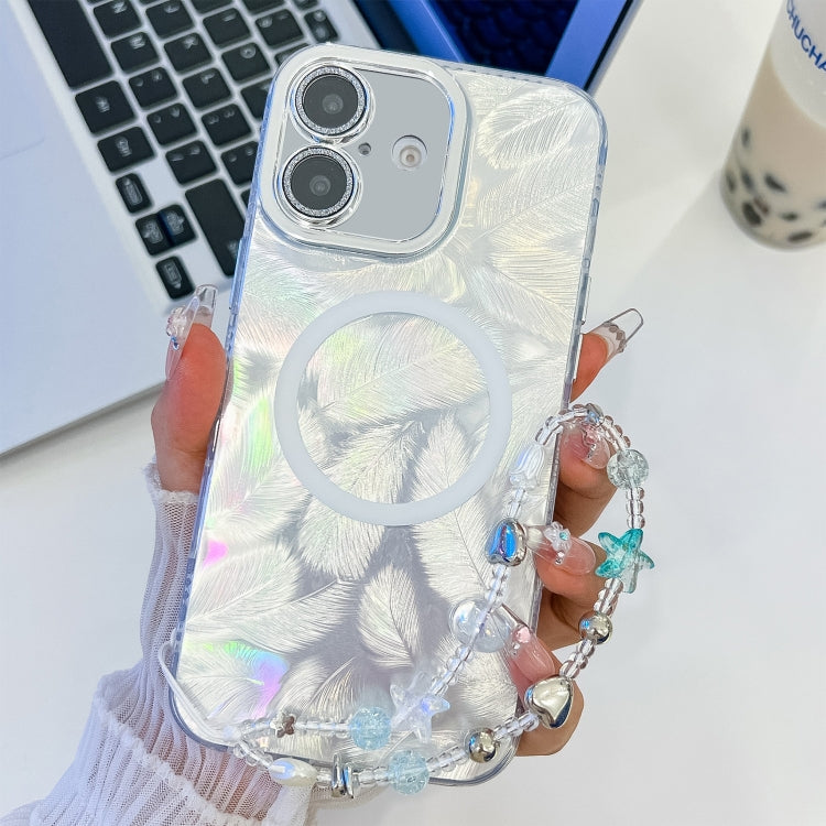 For iPhone 16 Plating Texture Wristband MagSafe TPU Phone Case with Glitter Lens Film