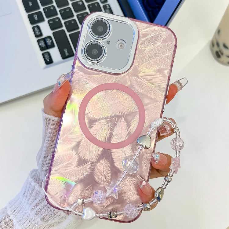 For iPhone 16 Plating Texture Wristband MagSafe TPU Phone Case with Glitter Lens Film