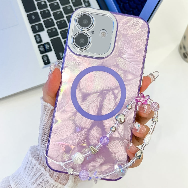 For iPhone 16 Plating Texture Wristband MagSafe TPU Phone Case with Glitter Lens Film