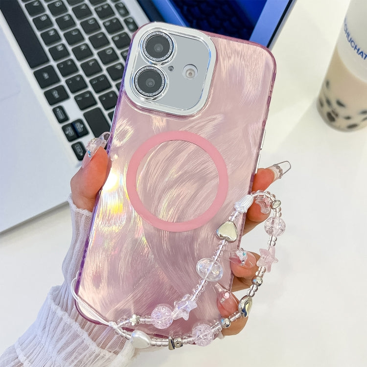 For iPhone 16 Plating Texture Wristband MagSafe TPU Phone Case with Glitter Lens Film