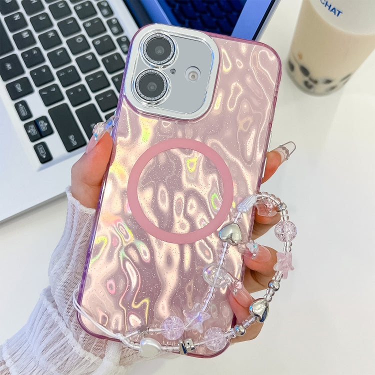 For iPhone 16 Plating Texture Wristband MagSafe TPU Phone Case with Glitter Lens Film