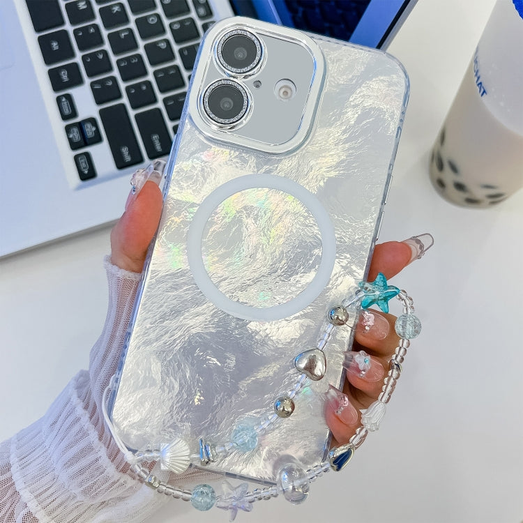 For iPhone 16 Plating Texture Wristband MagSafe TPU Phone Case with Glitter Lens Film