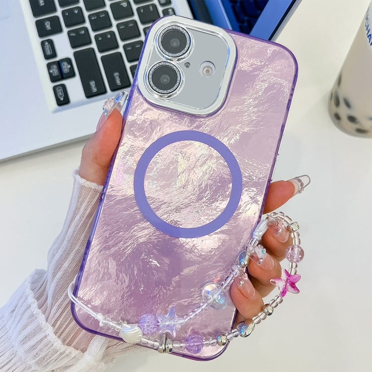 For iPhone 16 Plating Texture Wristband MagSafe TPU Phone Case with Glitter Lens Film