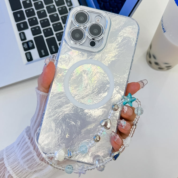 For iPhone 15 Pro Max Plating Texture Wristband MagSafe TPU Phone Case with Glitter Lens Film