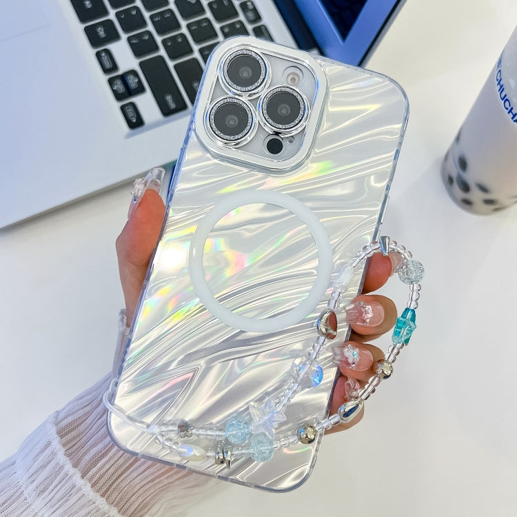 For iPhone 15 Pro Plating Texture Wristband MagSafe TPU Phone Case with Glitter Lens Film