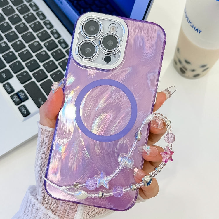 For iPhone 15 Pro Plating Texture Wristband MagSafe TPU Phone Case with Glitter Lens Film