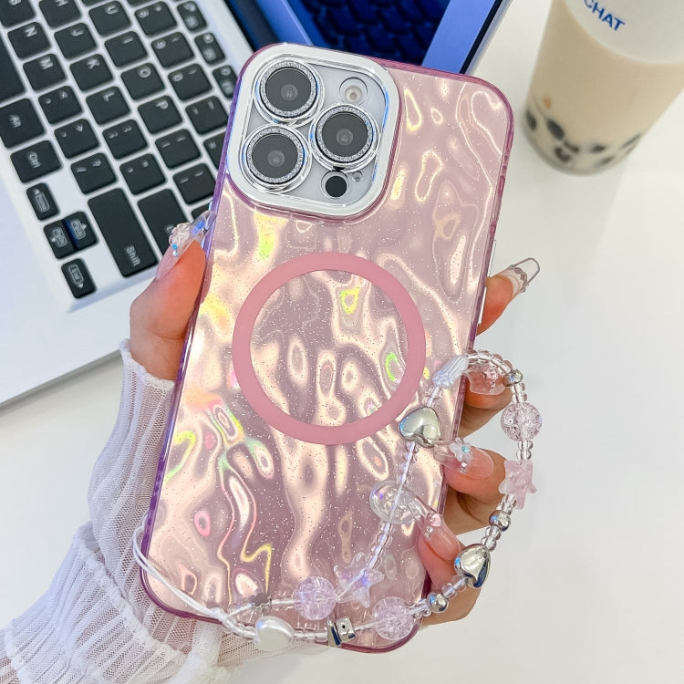For iPhone 15 Pro Plating Texture Wristband MagSafe TPU Phone Case with Glitter Lens Film