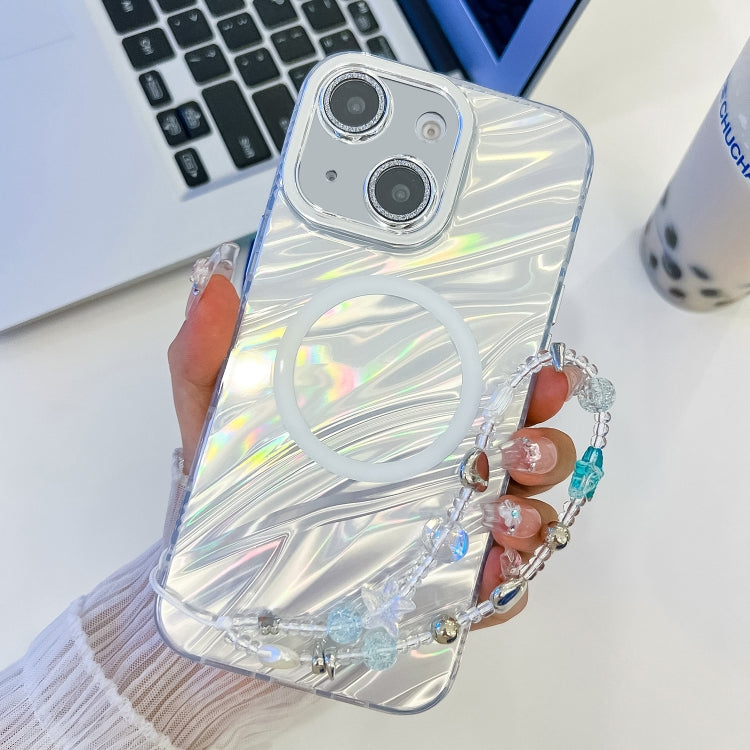 For iPhone 15 Plating Texture Wristband MagSafe TPU Phone Case with Glitter Lens Film